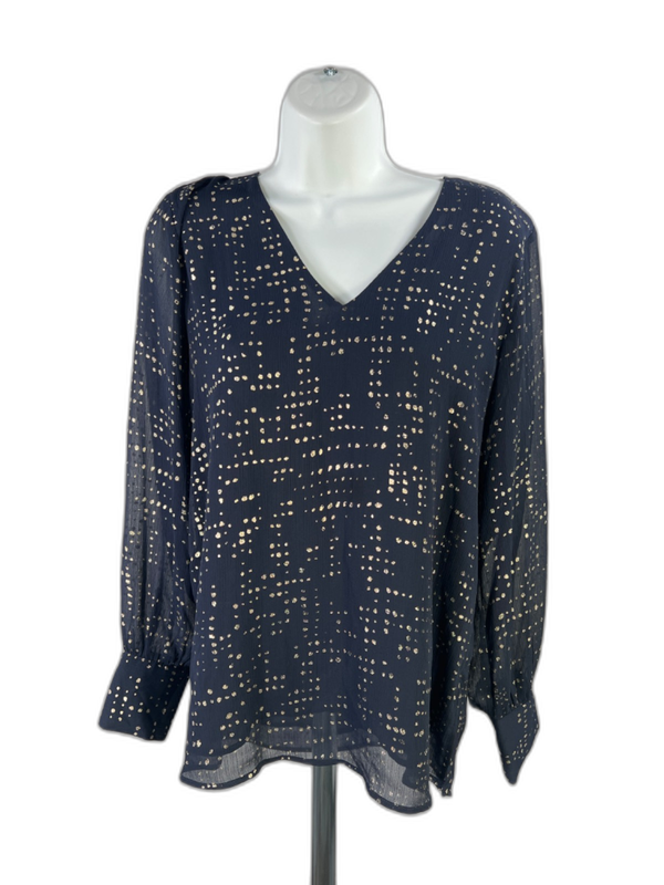 Ann Taylor Women's Blue/Gold Metallic Long Sleeve Semi-Sheer Blouse - S