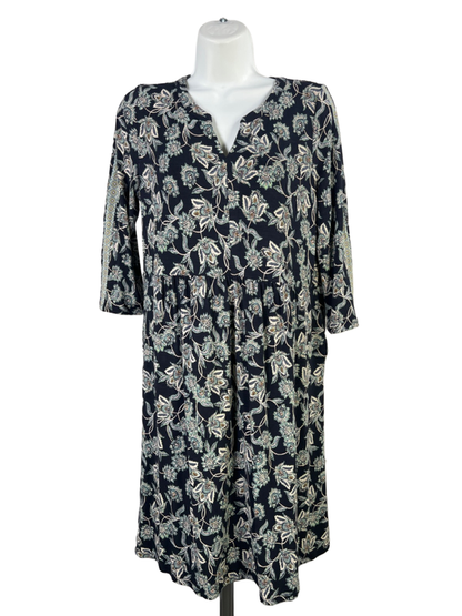 J Jill Women's Blue Floral Elbow Sleeve V Neck Midi Dress - XS