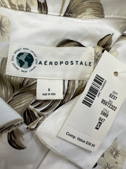 Aeropostale Men's White/Beige Hawaiin Short Sleeve Button Up Shirt - S image 3