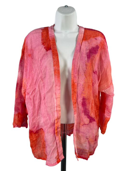 Chico's Women's Pink/Orange Tie-Dye Sheer 3/4 Sleeve Cardigan Sweater - 2/US L