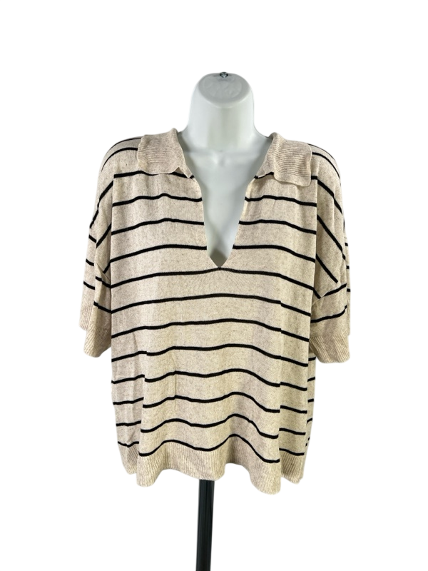 Max Studio Women's Beige/Black Striped Linen V-Neck Shirt - L