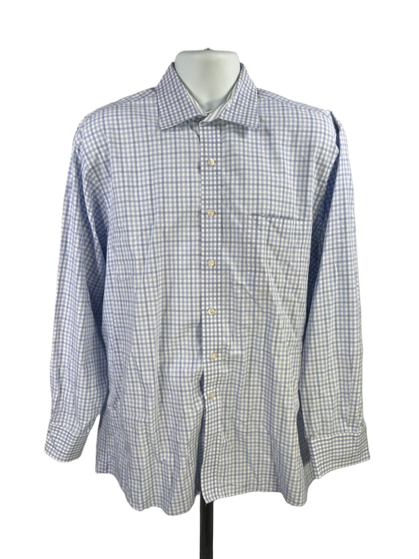 Michael Kors Men's Blue/White Plaid Cotton Long Sleeve Button Up Shirt - XL
