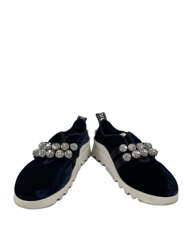 Miu Miu Women's Blue Velvet Crystal Accent Platform Loafers - 39/US 8.5 image 6
