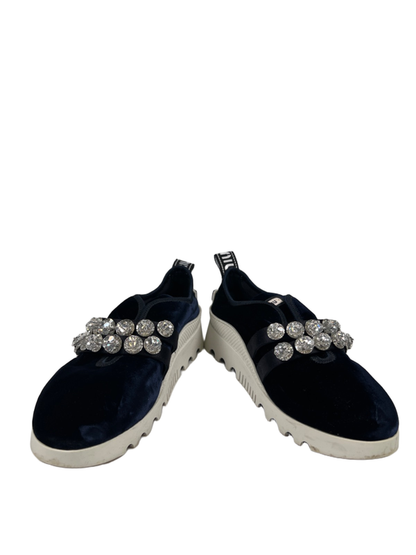 Miu Miu Women's Blue Velvet Crystal Accent Platform Loafers - 39/US 8.5 image 6