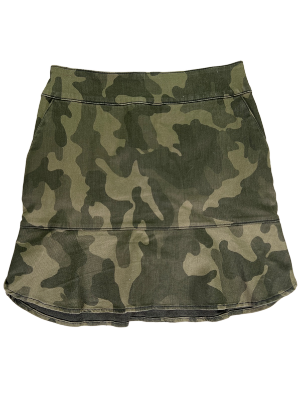 White House Black Market Women's Green Camoflauge Denim Flounce Skirt - 6