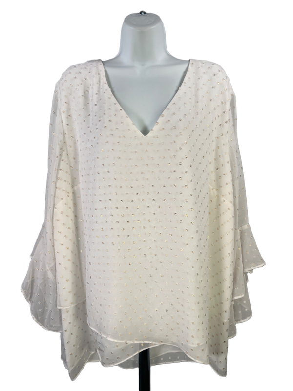 Vince Camuto Women's White/Gold Metallic 3/4 Ruffle Sleeve Blouse - Plus 3X