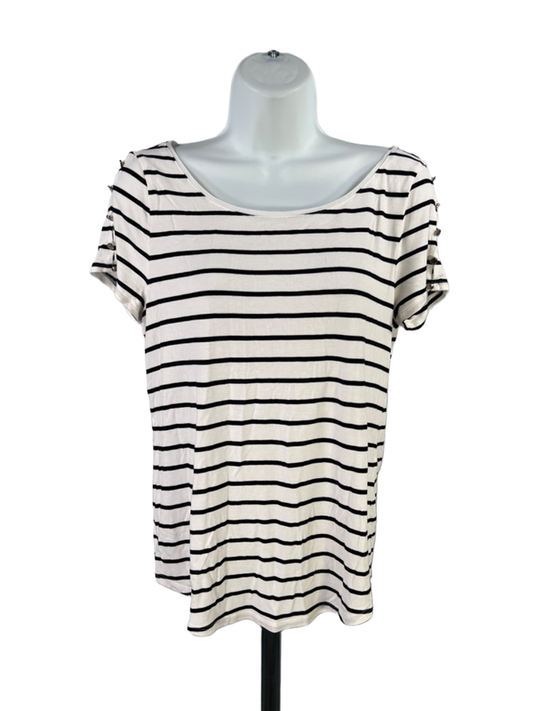 White House Black Market Women's White/Black Button Shoulder Tee Shirt - S