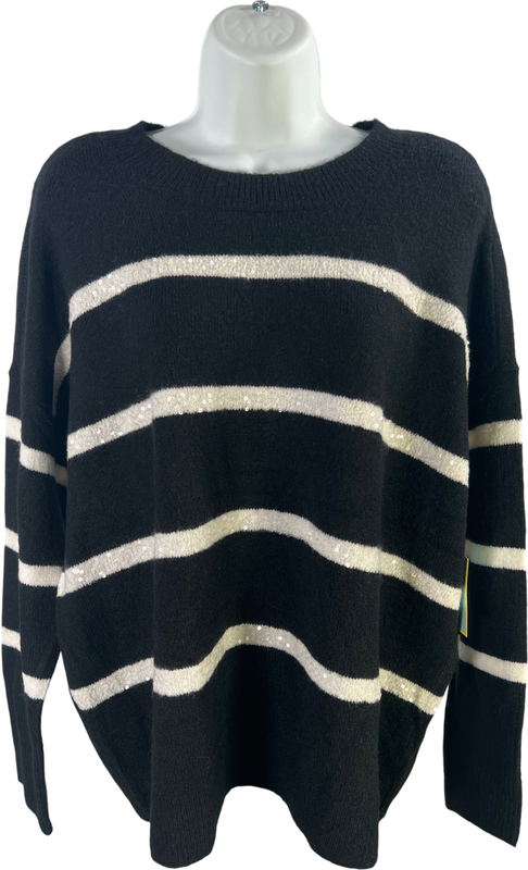 CeCe Women’s Black/White Sequin Stripe Long Sleeve Sweater - S