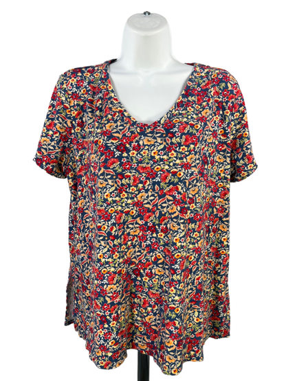 J.Jill Women's Blue/Red Floral Short Sleeve V-Neck T-Shirt - L