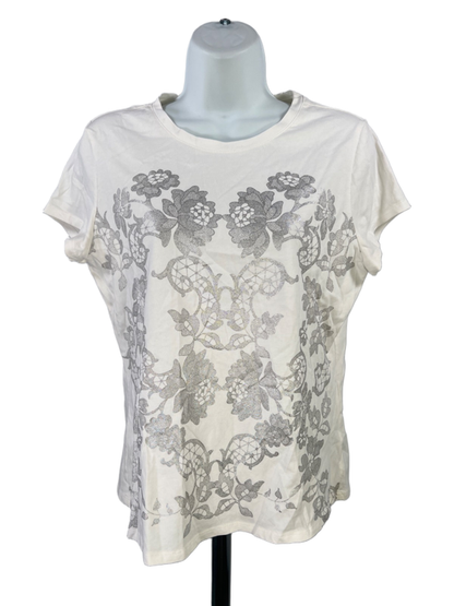 White House Black Market Women's White/Gray Lace Print Short Sleeve T-Shirt - S