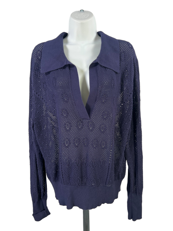 White House Black Market Women's Blue Open Knit Long Sleeve V-Neck Sweater - L