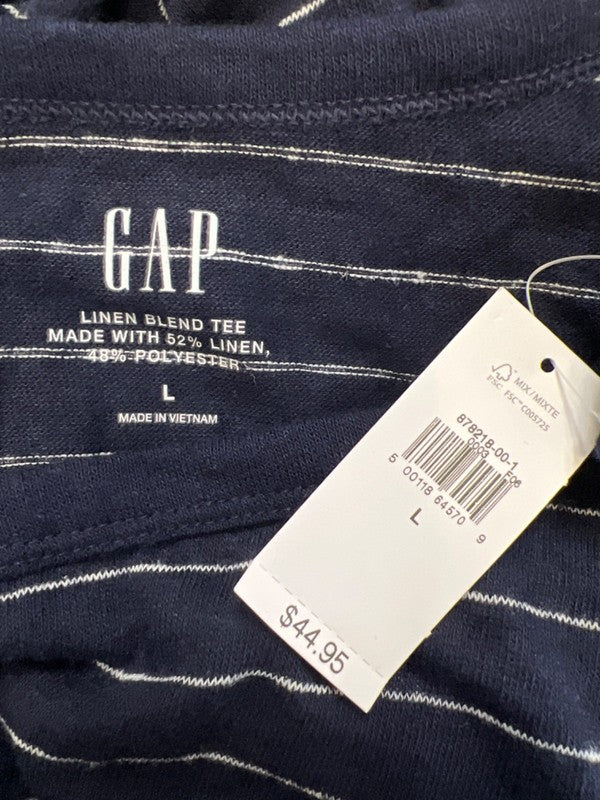 Gap Women's Blue/White Striped Linen Blend Long Sleeve Tee Shirt - L image 3