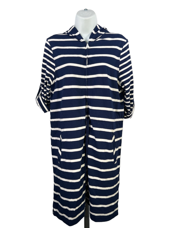 Lands End Women's Blue/White Striped Full Zip Hooded Cover Up Dress - S
