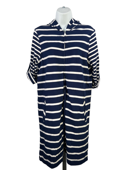 Lands End Women's Blue/White Striped Full Zip Hooded Cover Up Dress - S