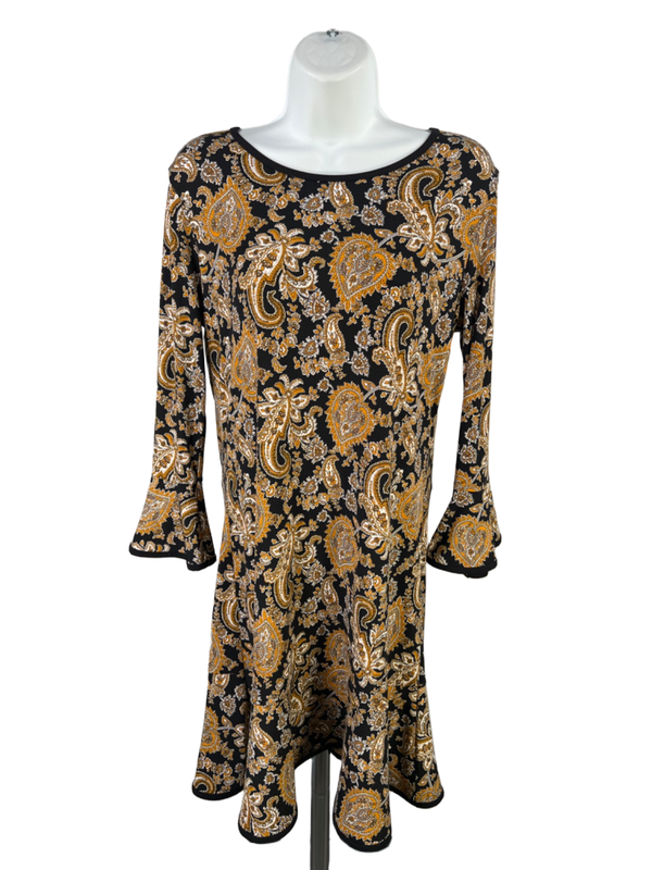 Michael Kors Women's Black/Gold Paisley 3/4 Bell Sleeve Shift Dress - M