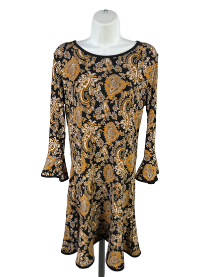 Michael Kors Women's Black/Gold Paisley 3/4 Bell Sleeve Shift Dress - M
