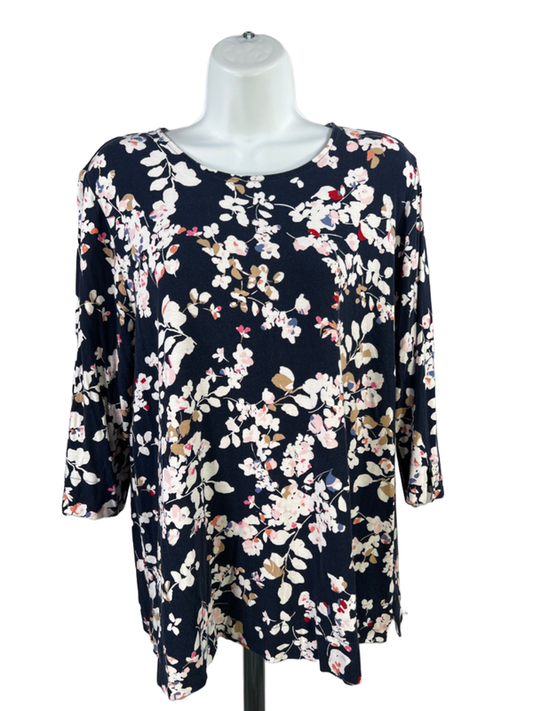 J Jill Women's Blue Floral Basic Elbow Sleeve Tee Shirt - L