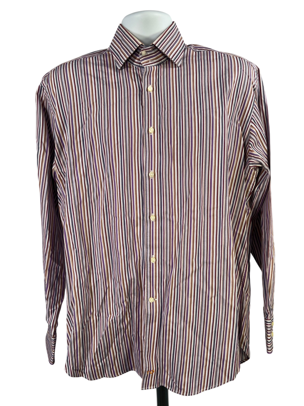 Thomas Dean Men's Purple Striped Long Sleeve Button Up Shirt - L