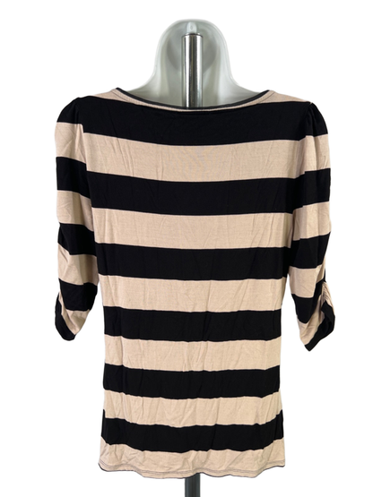 White House Black Market Women's Black/Beige Striped 1/2 Sleeve Shirt - M image 2