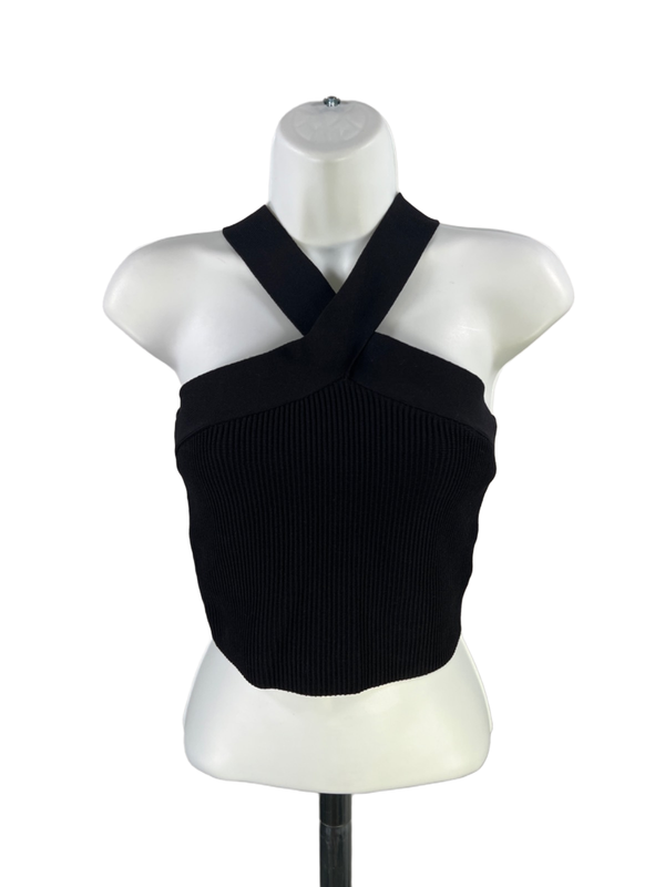 Babaton By Aritzia Women's Black Ribbed Sleeveless Cropped Halter Neck Top - M