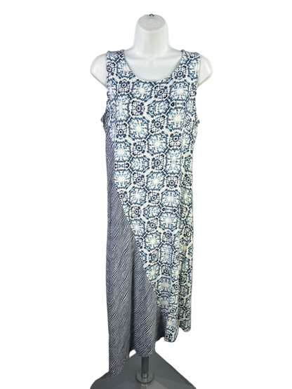 Chico's Women's White/Blue Striped Asymmetrical Sleeveless Midi Dress - 1/US M