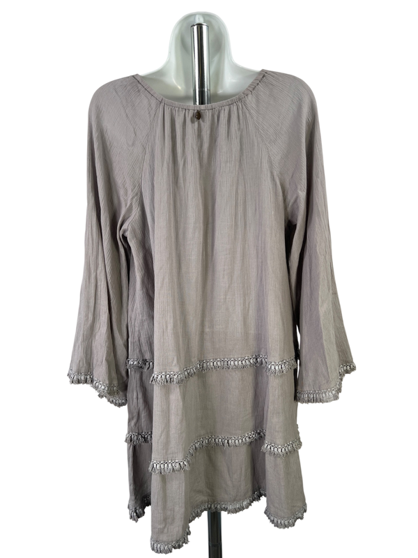 Soft Surroundings Women's Gray Fringe Trim 3/4 Sleeve Short Dress - M image 2