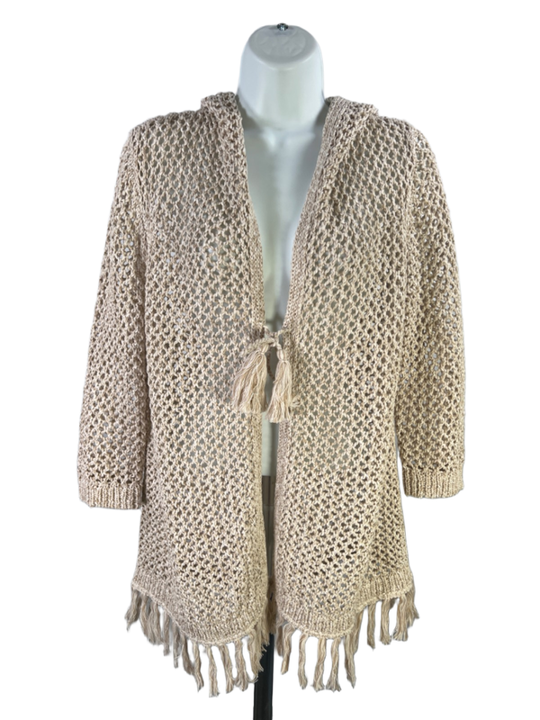 J Jill Women's Beige Open-Weave Open Front Long Sleeve Hooded Cardigan- M Petite