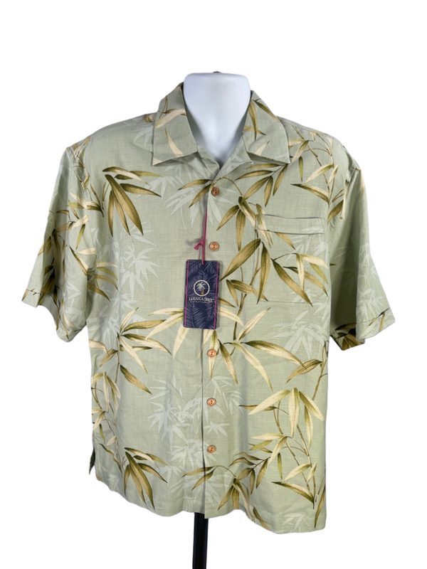 Jamaica Jaxx Men's Green Silk Leaf Print Short Sleeve Button Up Shirt - M