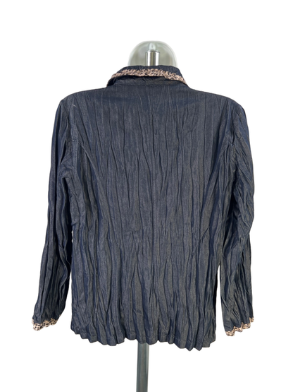 Chico's Women's Blue Metallic Leopard Trim Button Front Blouse - 0/US S image 2