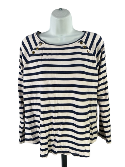 Chico's Women's White/Blue Striped 3/4 Sleeve Shirt - 1/US M