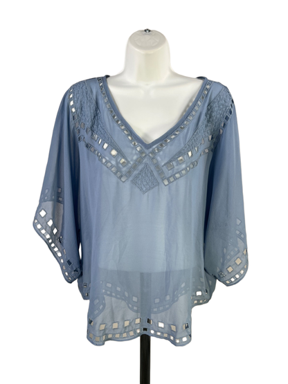 White House Black Market Women's Blue Mesh Elbow Kimono Cut-Out Blouse - M