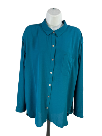 J Jill Women's Blue Textured Pleated Back Long Sleeve Button Up Blouse - L