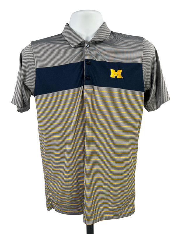 Antigua Men's Gray Striped U of M Michigan Short Sleeve Athletic Polo - S
