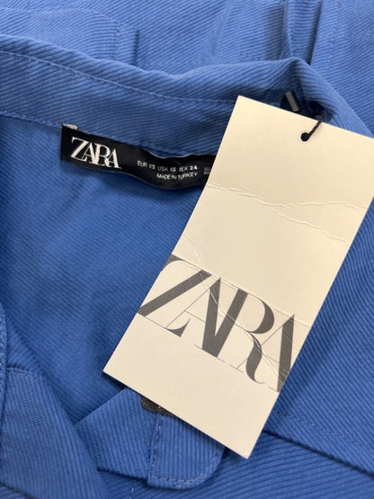 Zara Women's Blue Textured Short Sleeve Button Up Blouse - XS image 3