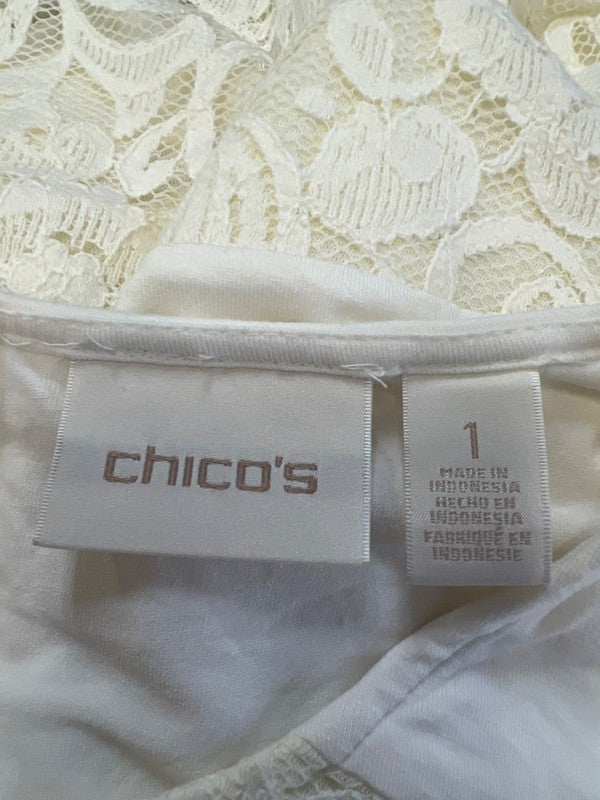 Chico's Women's White Lace Lined Zipper Back Short Cap Sleeve Blouse - 1/US M image 3