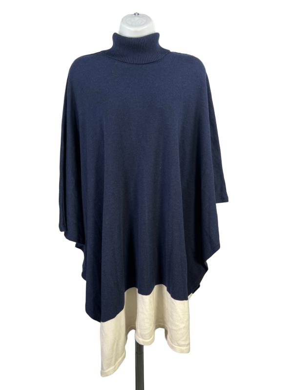 White House Black Market Women's Blue/Ivory Cowl Neck Sweater Poncho - S