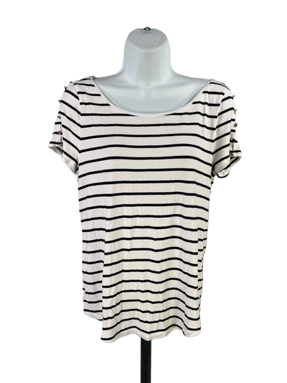 White House Black Market Women's White/Black Button Shoulder Tee Shirt - S