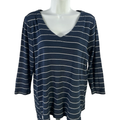 J.Jill Women's Blue Striped V-Neck 3/4 Sleeve Shirt - M