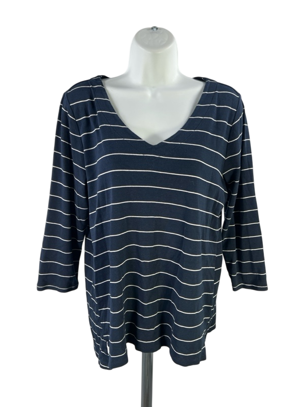 J.Jill Women's Blue Striped V-Neck 3/4 Sleeve Shirt - M
