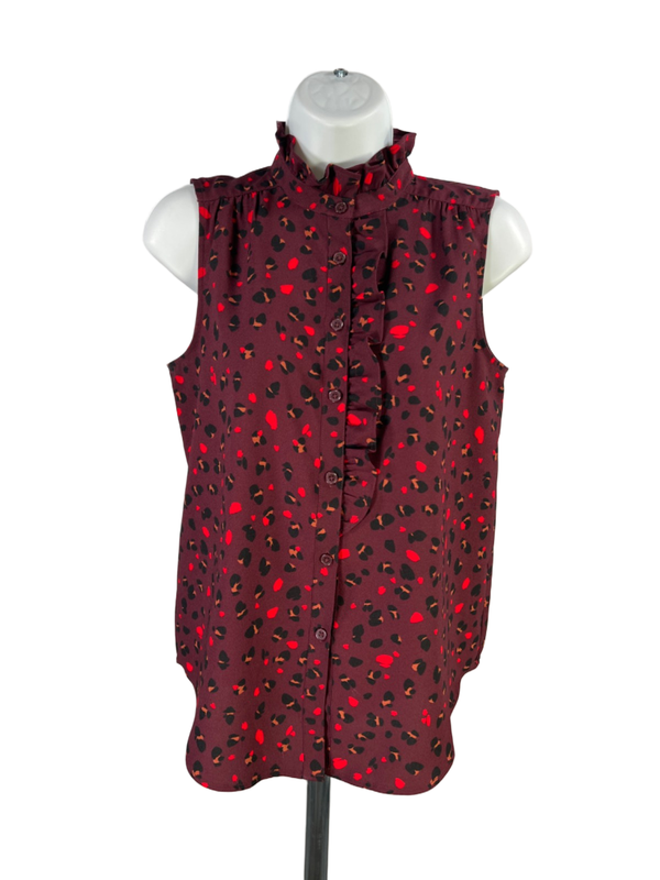 Ann Taylor Women's Burgundy Leopard Ruffle Trim Sleeveless Blouse - XS