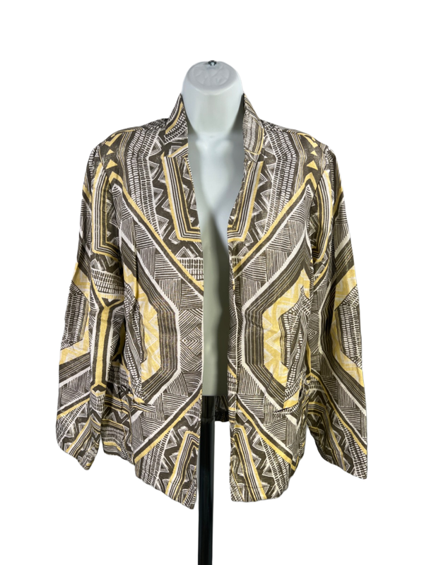 Chico's Women's Yellow Linen Blend Metallic Geometric Open Front Jacket - 2/US L