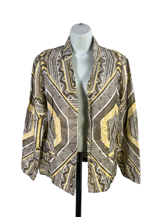 Chico's Women's Yellow Linen Blend Metallic Geometric Open Front Jacket - 2/US L