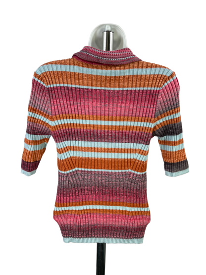 White House Black Market Women's Pink Multicolor Short Sleeve Sweater - M image 2