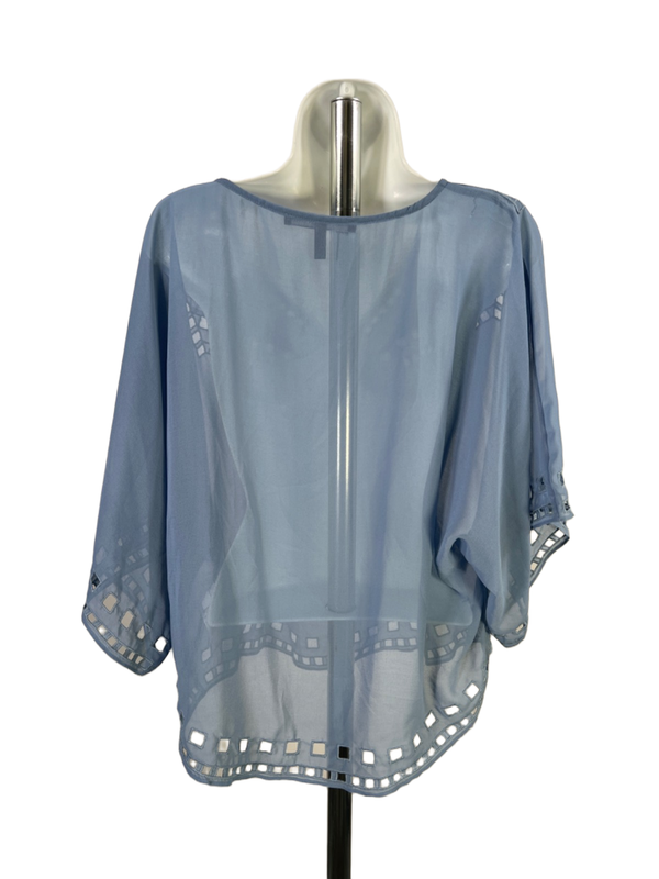 White House Black Market Women's Blue Mesh Elbow Kimono Cut-Out Blouse - M image 2