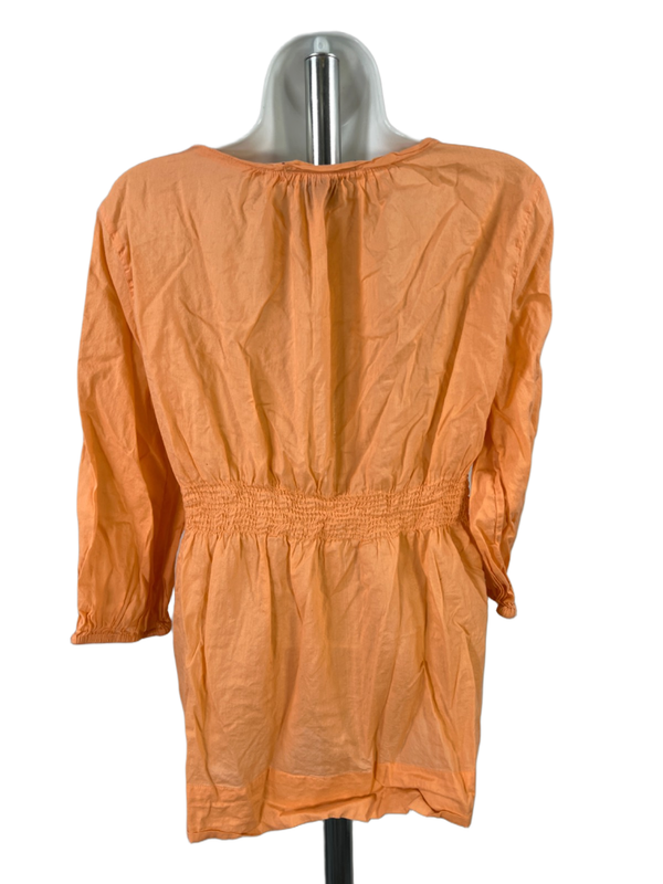 Calvin Klein Women's Orange Scoop Neck Smocked Beaded Elbow Sleeve Blouse - L image 2