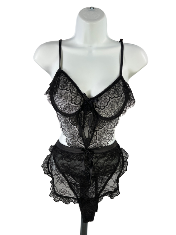 Victoria's Secret Women's Black Sheer Lace Open Back Teddy Lingerie Bodysuit - M