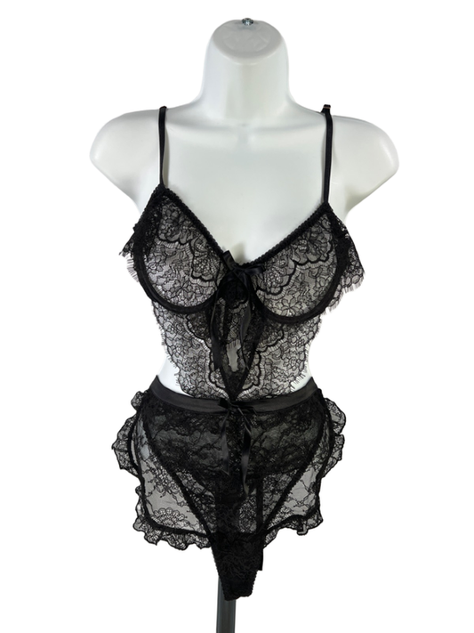 Victoria's Secret Women's Black Sheer Lace Open Back Teddy Lingerie Bodysuit - M