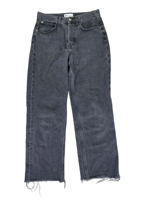 Zara Women's Black/Gray Button Fly Distressed High Rise Cropped Ankle Jeans - 4