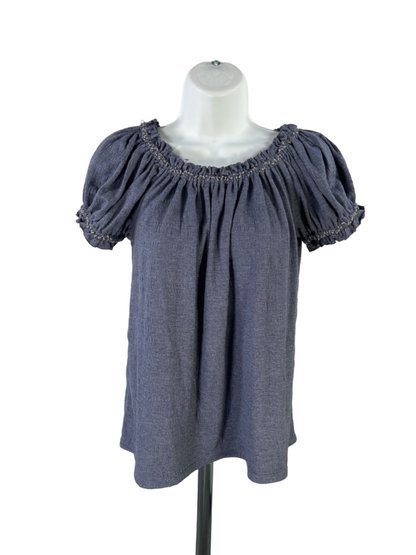 Max Studio Women's Blue Textured Scrunch Neck Short Puff Sleeve Blouse - S