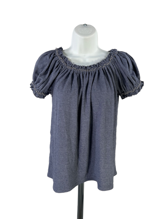 Max Studio Women's Blue Textured Scrunch Neck Short Puff Sleeve Blouse - S
